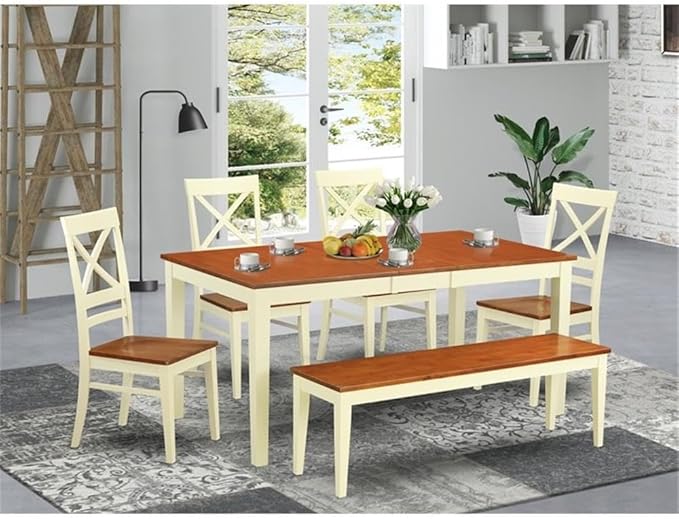 East West Furniture NIQU6-WHI-W 6 Piece Kitchen Table Set Contains a Rectangle Dining Table with Butterfly Leaf and 4 Dining Chairs with a Bench, 36x66 Inch, Buttermilk & Cherry