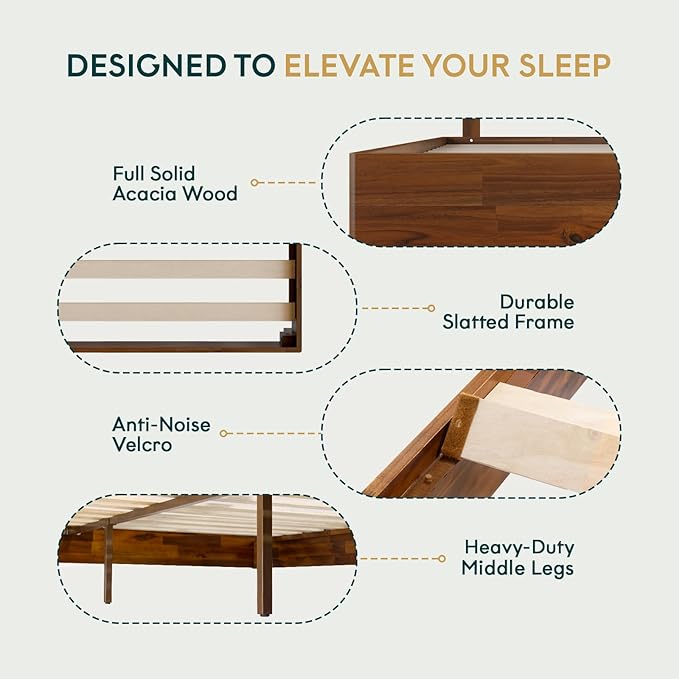 Nipe Platform Bed Frame with Headboard Size Queen - Dark Chocolate - Solid Acacia