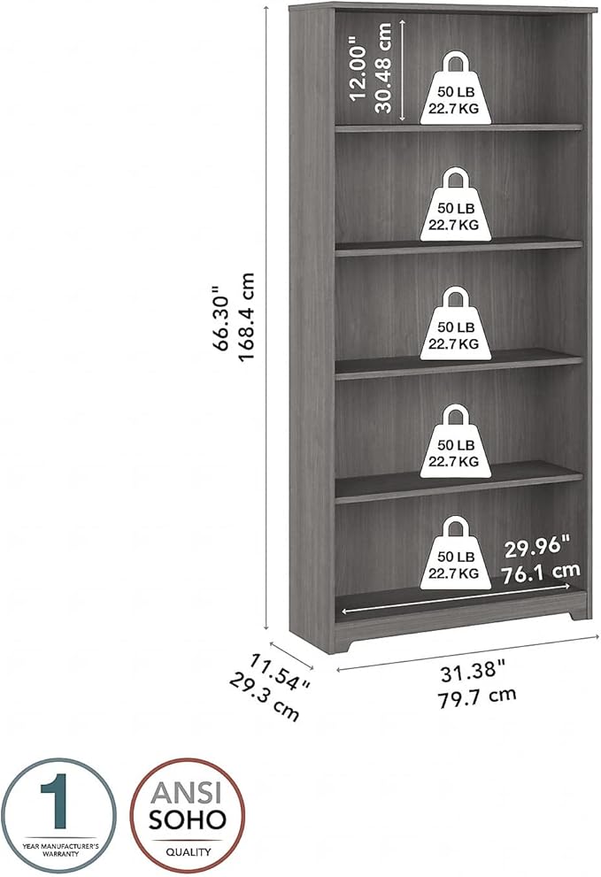 Bush Furniture Cabot Tall 5 Shelf Bookcase | Large Open Bookshelf in Modern Gray | Sturdy Display Cabinet for Library, Living Room, and Home Office