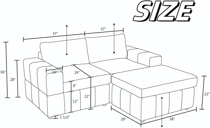 Loveseat Sofa with Ottoman, 74″ Modern Sectional Couches with Deep Seat, Small L Shaped Couch with Chaise for Living Room Bedroom, Brown