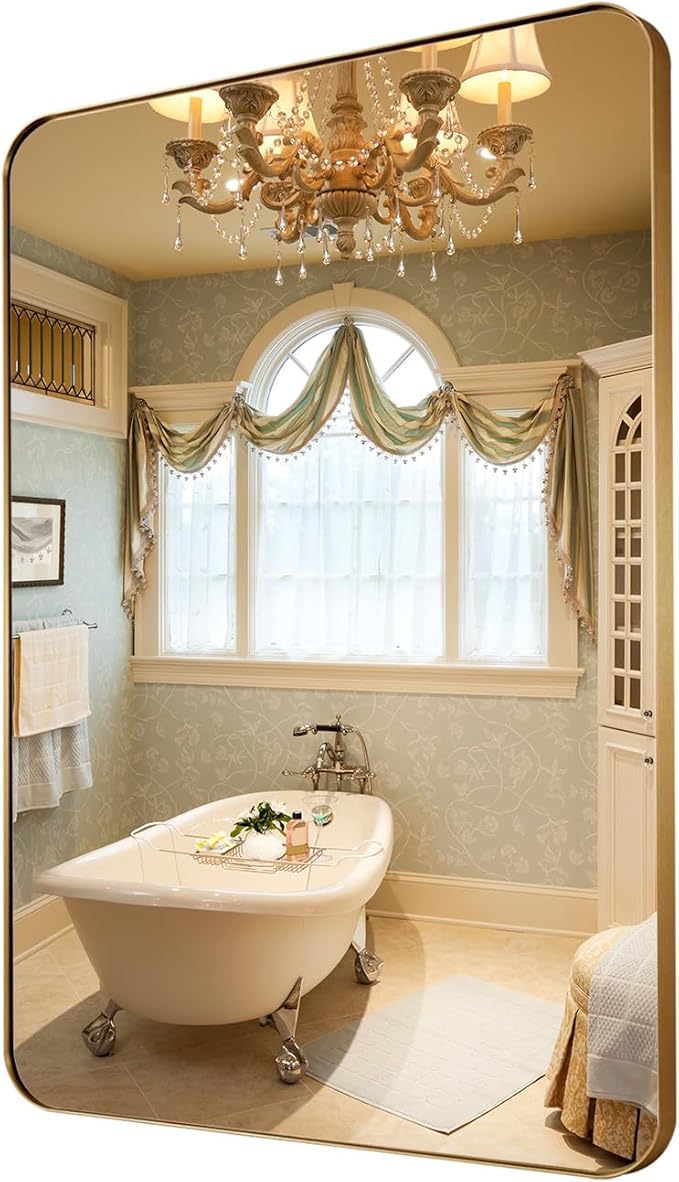 22x30 Inch Brushed Gold Mirror for Bathroom, Rounded Rectangle Mirrors Wall Mounted, Anti-Rust Metal Framed Bathroom Mirror for Wall, Modern Vanity Mirrors Hangs Horizontally or Vertically