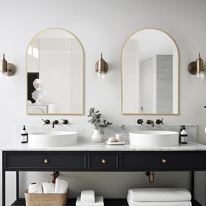 Arched Wall Mirror 20"X30", Gold Bathroom Vanity Mirrors for Over Sink, Modern Farmhouse Mirror Wall Mounted, Curved Arch Design for Bedroom, Living Room & Home Decor
