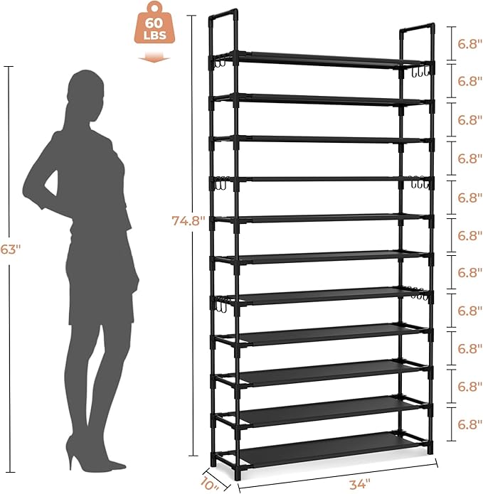 11 Tiers Tall Shoe Rack Holds 55 Pairs of Shoes with 18pcs Hooks Sturdy Wide Shoe Organizer Storage Free Standing Metal Shoe Shelf for Closet, Entryway Black