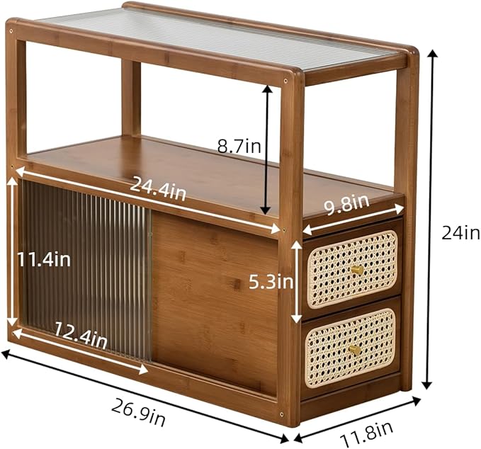 Bamboo & Rattan Side Table with Glass Top – 2-in-1 End Table and Bedside Cabinet with Drawer Storage for Small Spaces, Bedroom, Living Room,Walnut