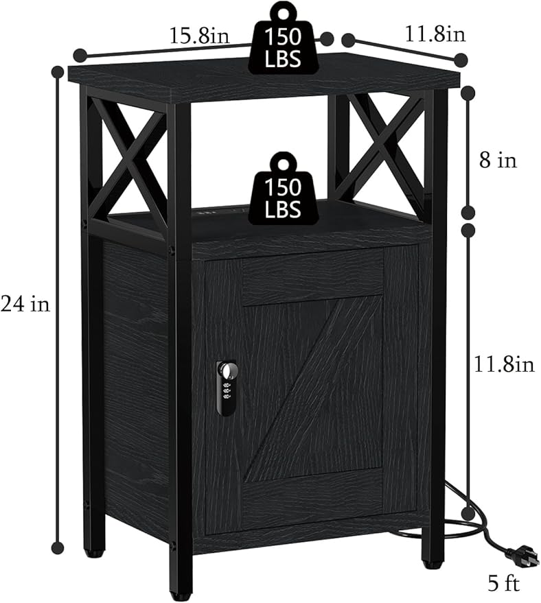 Wooden Nightstand with Charging Station, Bed Side Table with Drawers, Bedside Table with Lock, 3 USB & 2 Outlets, Night Stand with Storage, End Tables for Living Room, Bedroom, Dorm, Black