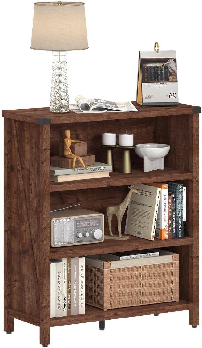 BON AUGURE Rustic Short Bookshelf, 3 Shelf Bookcase, Small Wood Low Book Cases/Shelves, Farmhouse Storage Tier Book Shelves for Home Office, Living Room, Small Space (Rustic Oak)