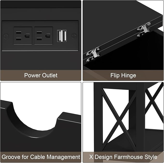 ChooChoo End Table with Charging Station, Narrow Flip Top Side Table with USB Ports & Power Outlets for Small Spaces, Nightstand Sofa Table for Living Room, Bedroom, Black, 2 Pack