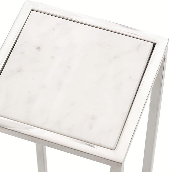 Kate and Laurel Jaspur Modern Glam Drink Table, 7 x 7 x 21, White and Silver, Decorative Metal and Marble Accent Martini Cocktail Table for Display and Storage