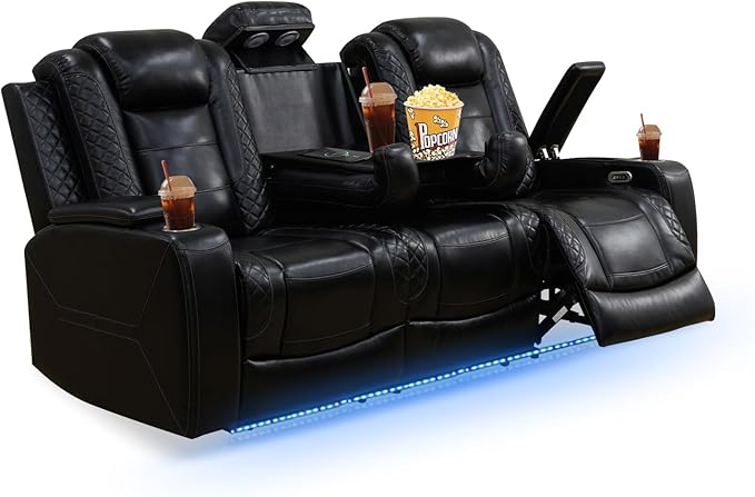 PU Leather Power Wall Hugger Chair Double Reclining Sectional Sofa 3-Seater Loveseat Couch with Reversible Coffee Table, Wireless Chargers, USB Port, Cup Holders, Storage Armrest, Ambient LED Light