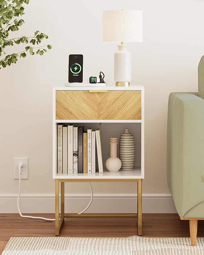 Nightstand with Charging Station,Modern Night Stand Boho Farmhouse Wood Bedside Table with Storage Drawer and Open Shelf,Side End Table for Bedroom,Living Room,White