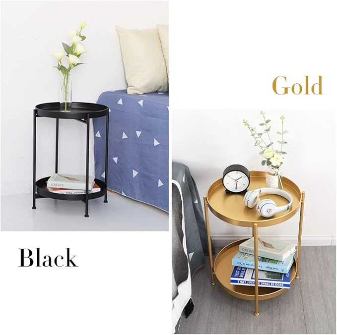 Tiita Round End Table Mental 2-Tier Side Table Nightstand/Small Iron Tables Accent Coffee Table for Living Room Bedroom Office Small Space