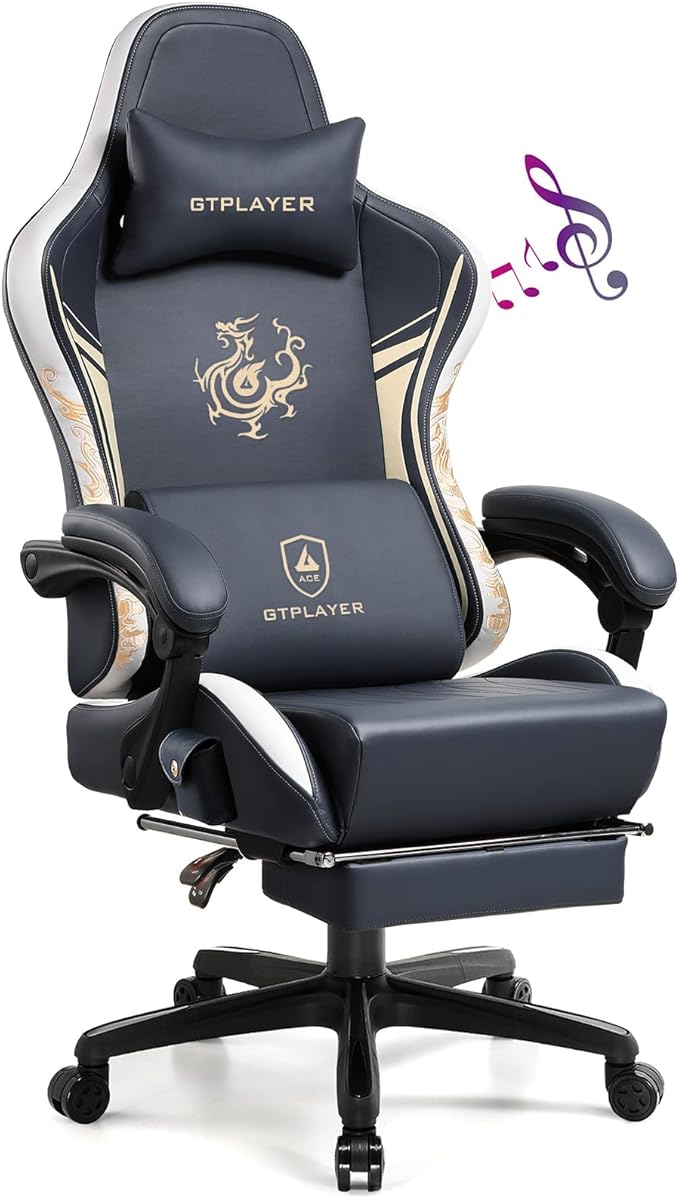 GTPLAYER Gaming Chair with Bluetooth Speakers and Footrest, Dragon Series Video Game Chair, Heavy Duty, Ergonomic, Esports Computer Office Chair,(BLUEGRAY)