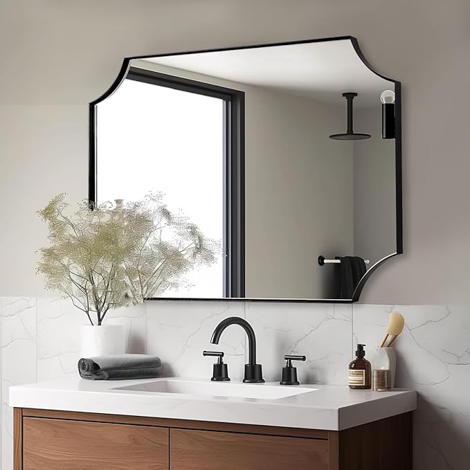 ANDY STAR 30x48 Inch Mirror, Matte Black Bathroom Vanity Mirror, Scalloped Rectangle Mirror in Premium Stainless Steel Metal Thin Frame Deep 1", Large Wall-Mounted Mirror (Horizontal/Vertical)