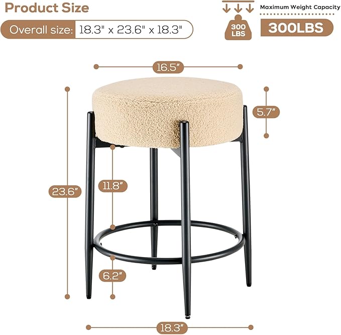 Dining Chairs Set of 2, 23.6" Backless Kitchen Living Room Chair，Mid Century Modern Chairs with Round Soft Beige Boucle Padded & Solid Metal Legs