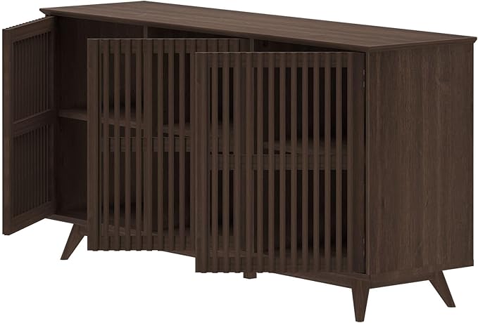 Plank+Beam Mid-Century Modern Wood TV Stand, Three Door Solid Wood Entertainment Console with Storage, 59" L x 16" W x 30" H, Walnut