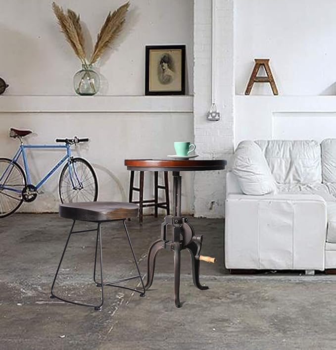 Industrial Iron Adjustable Crank Accent Table,Walnut Wood Top/Copper Home Decor Crank End Table