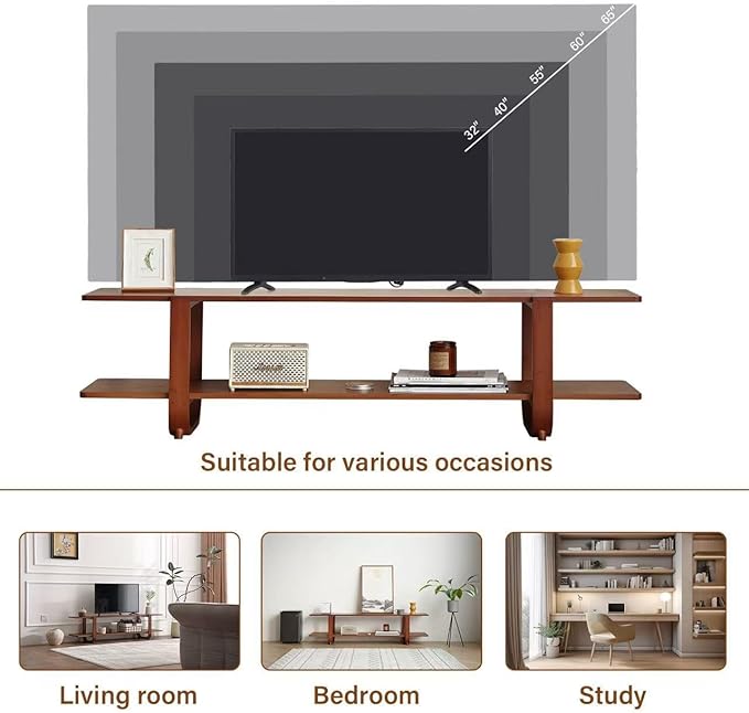Welnow Bamboo TV Stand for Up to 65 Inch, Mid Century Modern Entertainment Center with 2-Tier Open Shelves, Storage Media Console Table for Living Room, Bedroom, Walnut