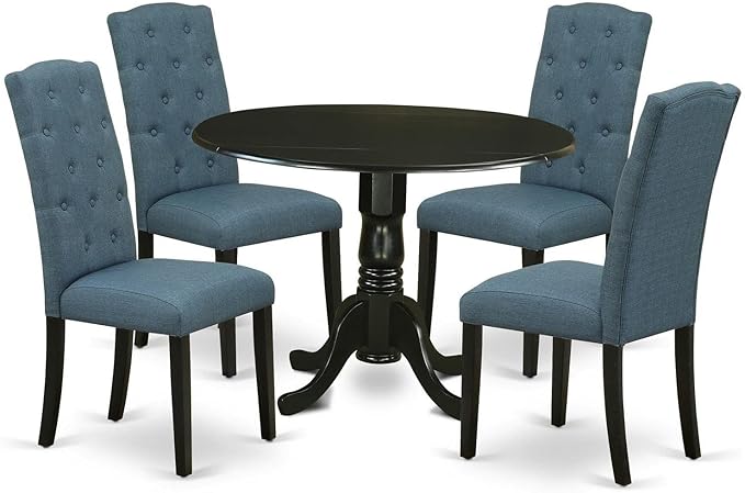 East West Furniture DLCE5-BLK-21 5 Piece Kitchen Table & Chairs Set Includes a Round Dining Table with Dropleaf and 4 Mineral Blue Linen Fabric Upholstered Chairs, 42x42 Inch, Black