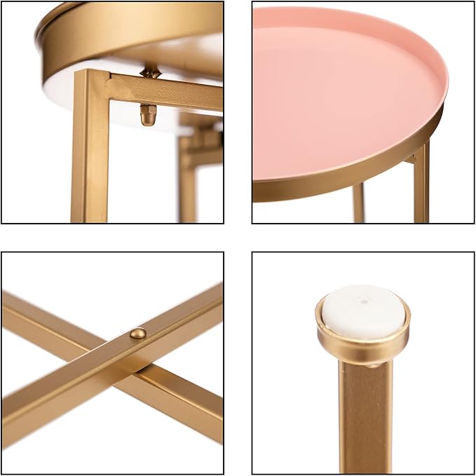 HollyHOME Small Round Metal End Table, Accent Indoor&Outdoor Coffee Side Table, Snack Sofa Table for Living Room, Anti-Rust Decorative Plant Stand, (D) 14.5" x(H) 25", Gold&Pink