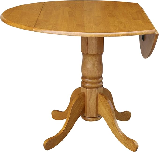 IC International Concepts, 42" Round Dual Drop Leaf Pedestal Dining Table, Solid Real Wood, Sturdy Parawood, Dimensions 42"D x 42"W x 29.5"H, 20mm thickness, 40lbs Weight Capacity, Oak