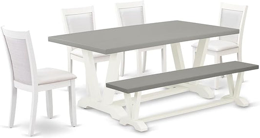 East West Furniture V097MZ001-6 6 Piece Dining Table Set Contains a Rectangle Dining Room Table with V-Legs and 4 Cream Linen Fabric Parson Chairs with a Bench, 40x72 Inch, Multi-Color