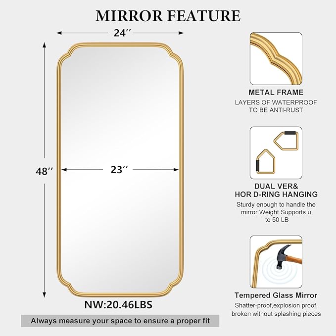 Gold Wall Mirror 48 x 24 Inch Bathroom Vanity Mirror for Over Sink Modern Rounded Corner Rectangle Wall Mirror Decorative with Non-Rusting Iron Metal Framed (Horizontal/Vertical)