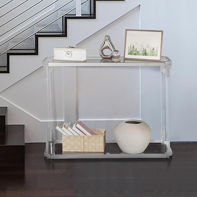 Glass Coffee Table, Clear Coffee Table with 2 Tiers, Acrylic Leg, Chrome Frame, Rectangular Center Table for Living Room (AST2017)