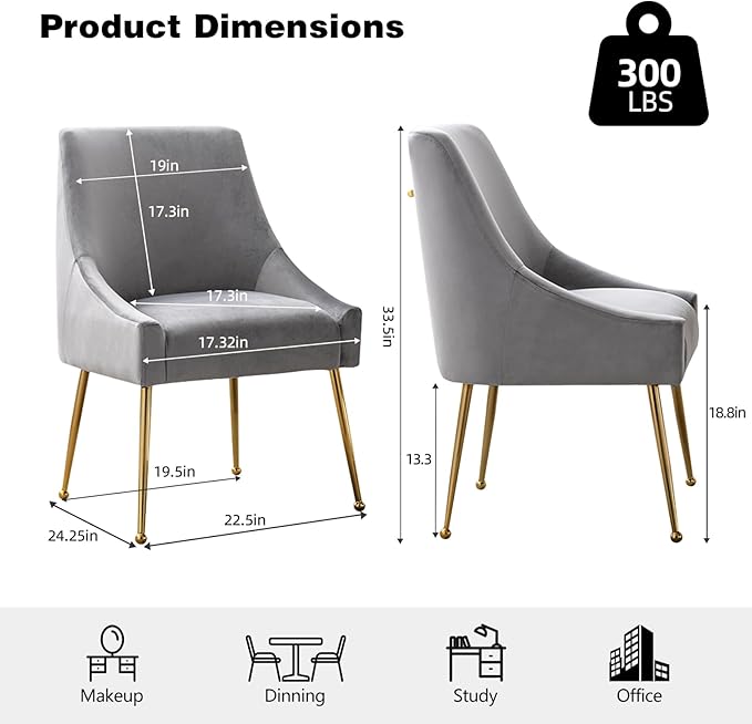 Velvet Dining Chairs Set of 2, Furniture Collection Modern Contemporary Upholstered with Polished Gold Metal Legs(Light Grey)