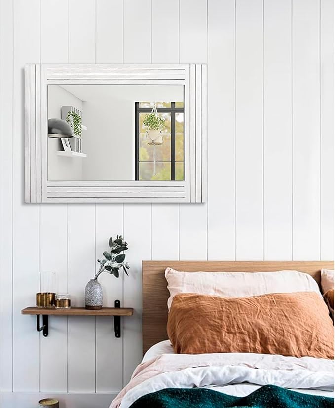 Large Rustic Wall Mirror, Rectangular Vintage Wood Framed Large Mirror Deco Farmhouse Living Room Bathroom Bedroom Entrance Mirror White 26" x 18"