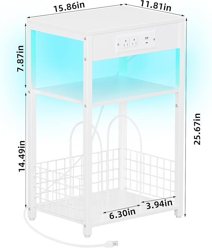 LELELINKY White Night Stand with Charging Station and LED Lights, Record Player Stand with USB Port and Type-C Port, 3 Tier Side Table with Vinyl Storage Shelf, End Tables for Bedroom Small Spaces