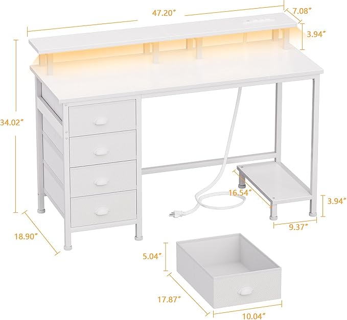 Furologee 47" White Computer Desk with 4 Fabric Drawers & Monitor Stand, Gaming Desk with Power Outlets - LED Lights, Home Office Space-Saving Study Table for Bedroom Small Spaces