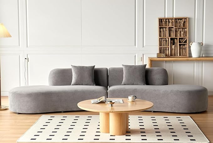 Container Furniture Direct 132" Curved Sofa with Throw Pillows, 6 Seater Luxury Velvet Couch with Half Moon Design and High-Density Foam, Ideal for Modern Living Room, Office & Apartment, Grey