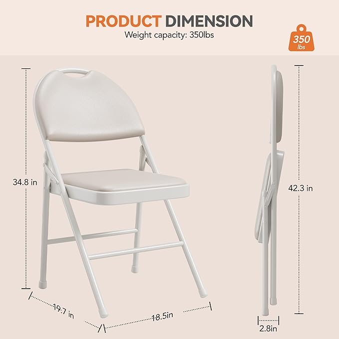 GarveeHome 4 Pack Folding Chairs with PU Leather Padded Cushion and Back, Metal Foldable Chair for Indoor Outdoor, Commercial Stackable Guest Chairs for Camping, Dining Room, Office, Party, Beige