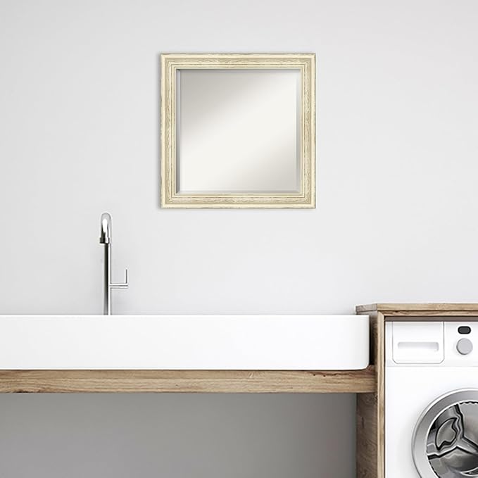 Amanti Art White Bathroom Mirror for Over Sink, 25x25 Country White Wash Square Vanity Mirror, Medium Country Rustic Wood Frame, Hangs Horizonally and Vertically, Bathroom Wall Decor, Beveled Edge
