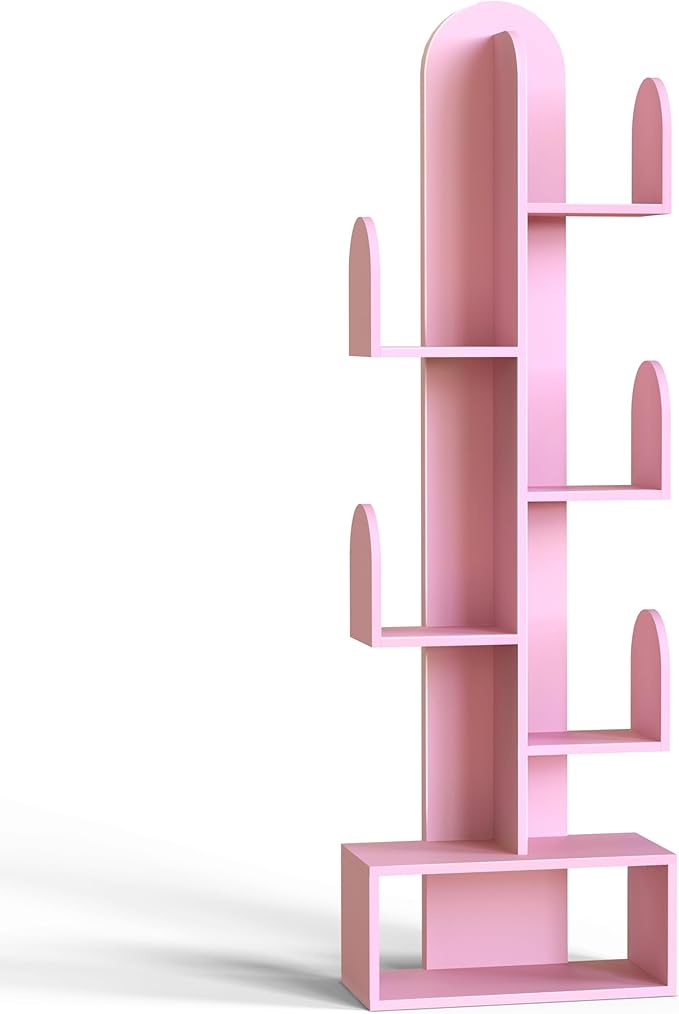 Cactus Tree Bookshelf, 5-Tier Wood 50" Tall Storage Rack for CDs/Movies/Books, Small Space-Saving Organizer Shelves for Living Room, Bedroom, Home Office (Shell Pink)