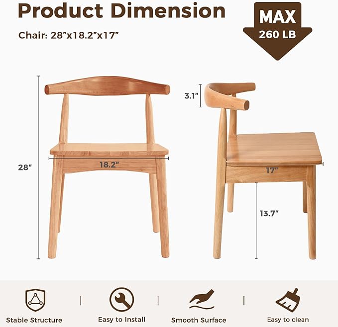 DELAVIN Solid Wood Dining Chairs Set of 4, Farmhouse Dining Room Chairs with Curved Backrest, Mid Century Modern Dining Chair for Living Room, Kitchen, Bedroom, Oak