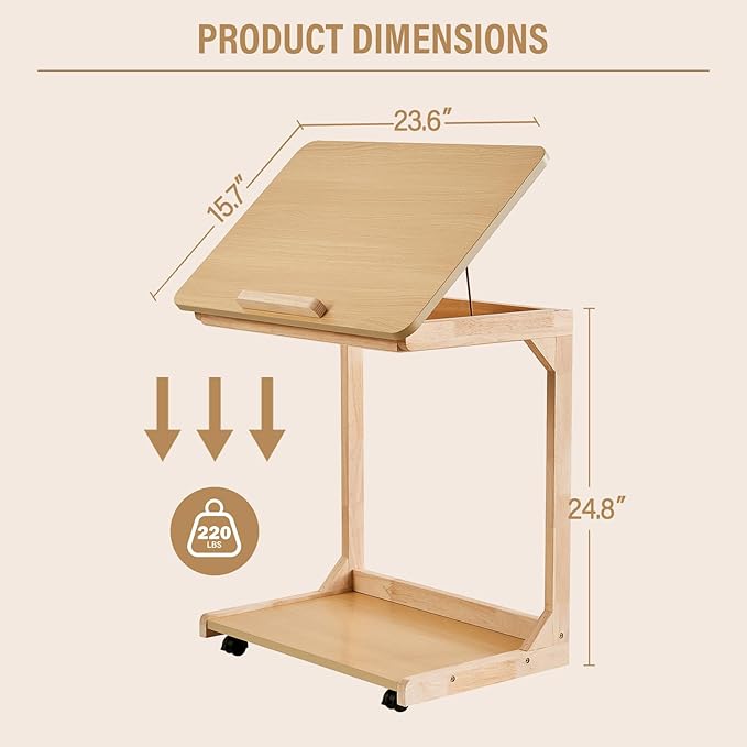 CozyDH Adjustable C Shaped End Table, Rolling Side Table Solid Wood TV Sofa Tray Table for Couch Arm Eating Multi-Purpose, Small Coffee Table with Wheels Living Room Bedroom, Natural