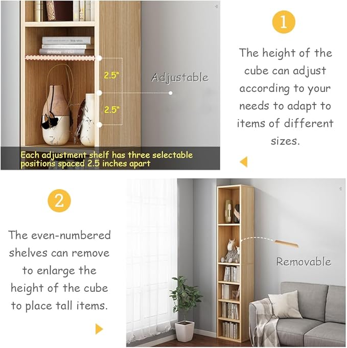IOTXY Small Narrow Corner Bookcase - 71 Inches Tall Gap Freestanding Storage Cabinet, 7 Lattices Open Shelves Tower Rack with Door, Cubes Bookshelf in Oak