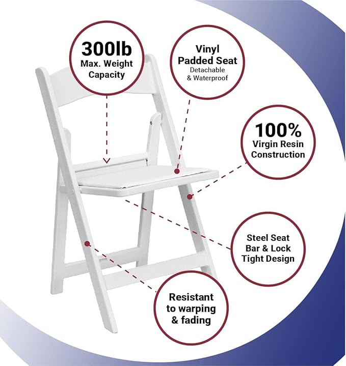 TentandTable White Resin Folding Chairs - Set of 2 Lightweight Stackable Chairs with Padded Seats - Durable 1000LB Capacity - Comfortable Indoor/Outdoor Event Chairs for Weddings, Parties, and More