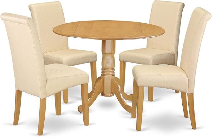 East West Furniture DLBA5-OAK-02 5 Piece Dining Set Includes a Round Dining Room Table with Dropleaf and 4 Light Beige Linen Fabric Upholstered Parson Chairs, 42x42 Inch, Oak