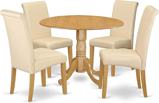 East West Furniture DLBA5-OAK-02 5 Piece Dining Set Includes a Round Dining Room Table with Dropleaf and 4 Light Beige Linen Fabric Upholstered Parson Chairs, 42x42 Inch, Oak