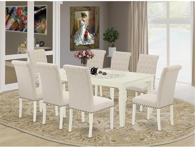 East West Furniture LGBR9-LWH-02 9 Piece Dining Room Set Includes a Rectangle Kitchen Table with Butterfly Leaf and 8 Light Beige Linen Fabric Upholstered Chairs, 42x84 Inch, Linen White