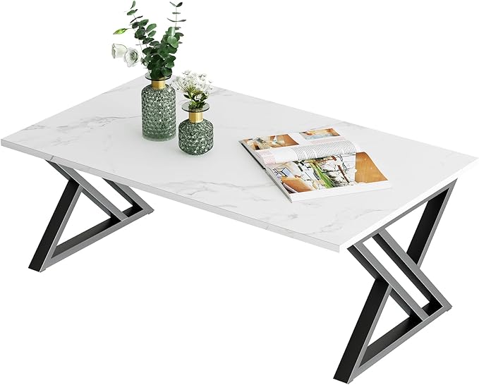 Coffee Table White Living Room Center Table, Simple Modern Faux Marble Rectangular Tea Table with Sturdy Black Metal Frame,Industrial Wooden Coffee Table for Bedroom Home Office