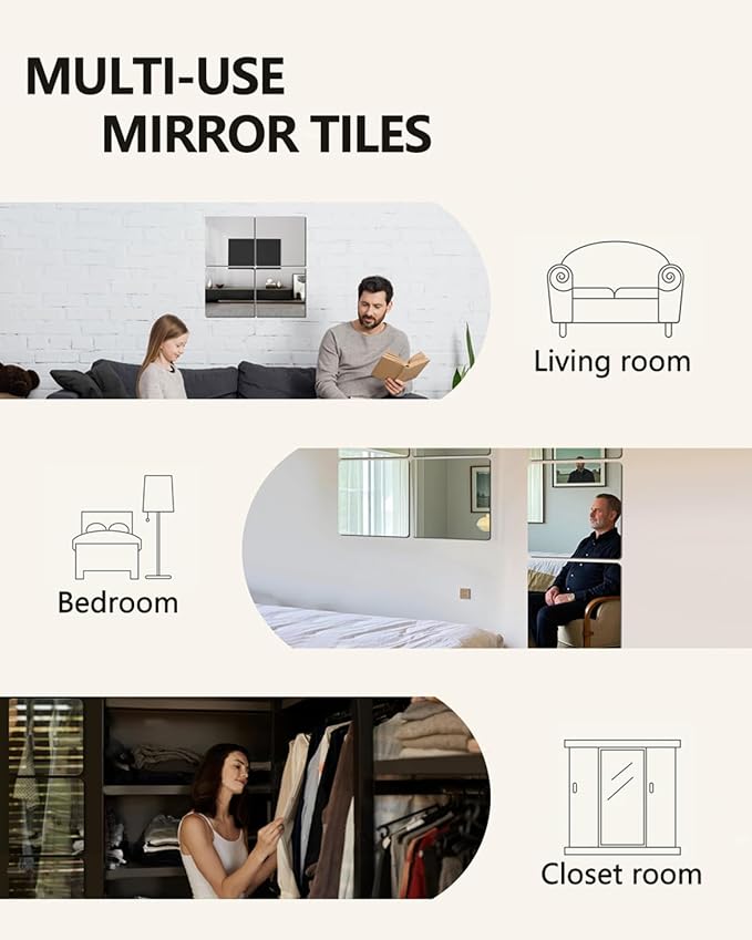 Glass Wall Mirror Tiles 12" x 12" Frameless Full Length Mirror Wall Mounted Full Body Mirrors for Bedroom Home Gym Door Bathroom (4PCS)