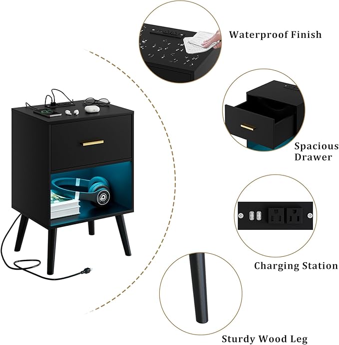 Nightstand with Charging Station and LED Lights, Small Side Table, Bedside Table with Drawer, Modern Night Stand, End Table for Bedroom, Living Room (Black)