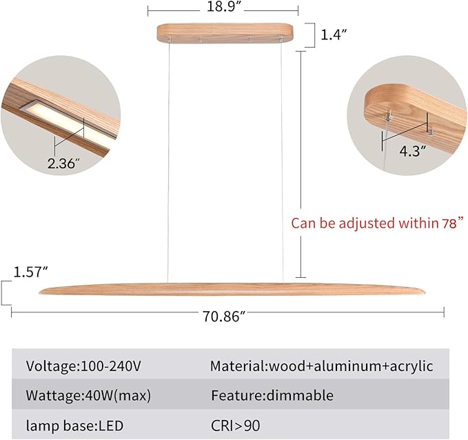 71" 40W Wood LED Linear Pendant Light Fixture Led Dining Room Light Dimmable Hanging Light Fixture for Dining Room Kitchen Island Pool Table Lights Natural Ash