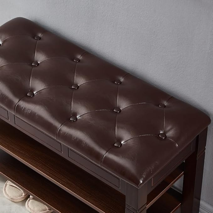 Shoe Storage Bench, Entryway Shoe Rack with Fiberleather Seat 2-Tier Lift Top Organizer Wooden Shoe Bench for Entryway Hallway Living Room (Dark Brown 39.4x13.8x18.9'')
