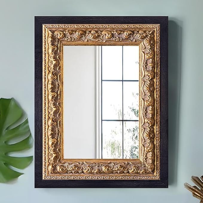 Small French Antique Mirror, 14”x11” Black Vintage Table Mirror for Vanity with Handmade Aging Foil Flower Petal Carvings Wooden Frame (Black and Gold, 14”x11”)