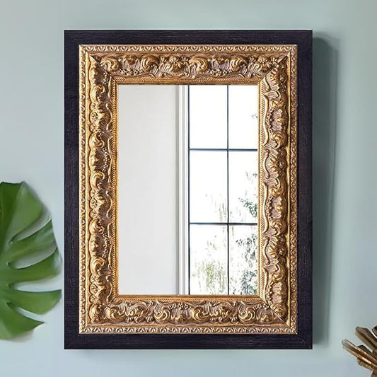 Small French Antique Mirror, 14”x11” Black Vintage Table Mirror for Vanity with Handmade Aging Foil Flower Petal Carvings Wooden Frame (Black and Gold, 14”x11”)