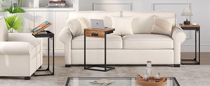 C Shaped End Table with Charging Station,45° Tiltable Adjustable Flip Top Side Table Set of 2,Small C Table Set 2 for Small Spaces,Slide Under Couch Sofa Bedside Table Living Room,Rustic Brown